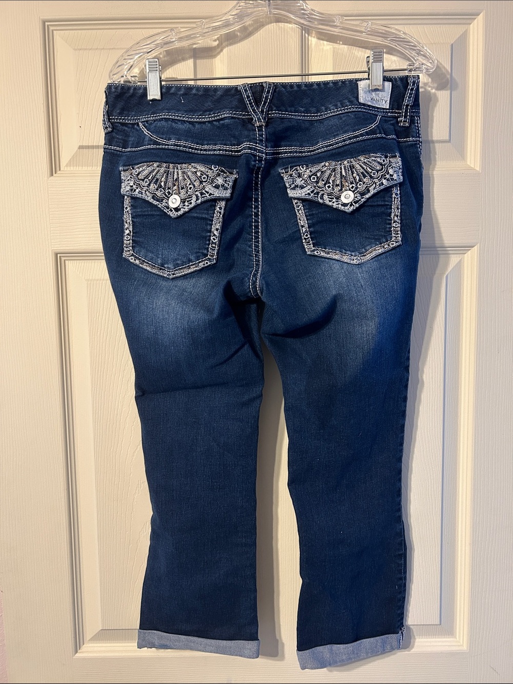 Vanity Dark Blue Jean Capris with Embellished Pockets Size 30